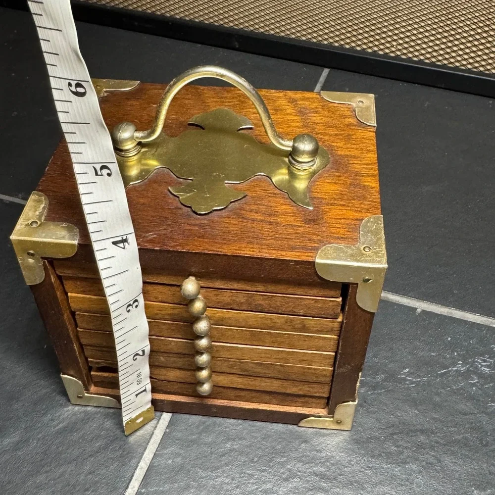 Vintage Wood Brass Campaign Style Coaster Set 8 Piece Miniature Trunk Chest MCM